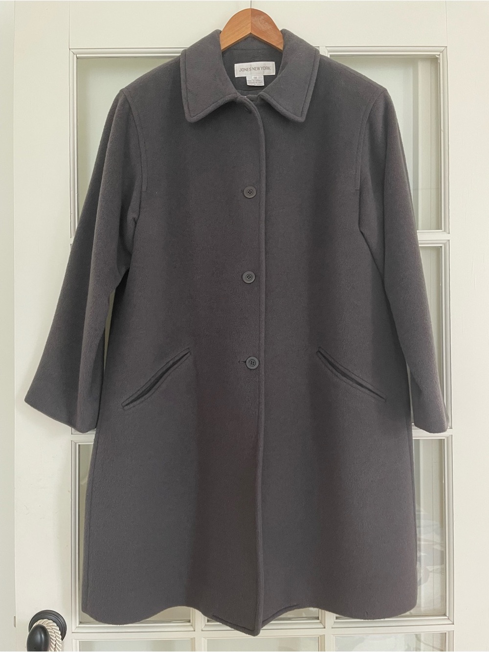 VTG Jones New York 90s Virgin Wool Mohair Blend Charcoal Gray Minimalist Coat 10